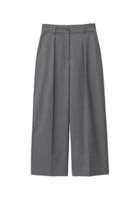 Graue weit geschnittene Hosen aus glattem Stoff, mit hoher Taillierung, Falten, Knopfverschluss und Seitentaschen. Minimalistisches Design.