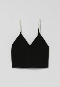 Svart crop-top med V-ringning, med texturerad tyg och pärlprydda axelremmar för extra detaljer.