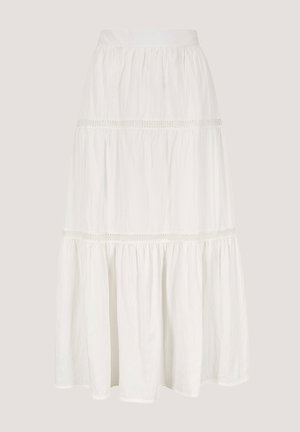 Falda midi de algodón blanca, con volantes y un acabado de encaje texturizado, además de una cintura elástica. Ligera, con una silueta fluida y un diseño fruncido.