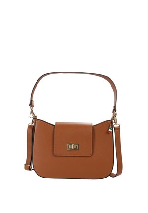 Bruine leren crossbodytas met goudkleurige sluiting, verstelbare riem en een kleine Italiaanse vlagbedel aan de rits.