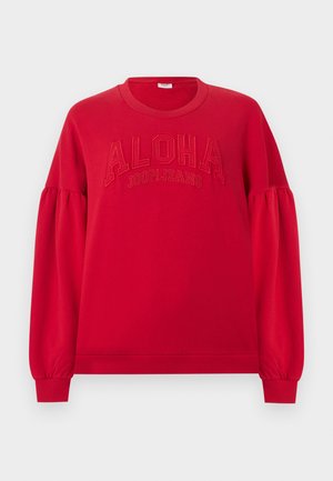 Rdeč dolg rokav pulover z napihnjenimi rokavi in rebrastimi manšetami, z dvignjenim napisom "ALOHA JOOP! JEANS" na prsih.