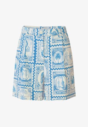 Modri in beli kratki hlače z motivom poštne znamke s slikami palm, morskih konjičkov, rakov in besedilom, kot sta "Malaya" in "Bermuda."