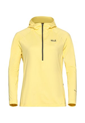 Hoodie jaune à manches longues avec une fermeture éclair sur le devant, fabriqué en tissu doux, avec une fermeture éclair grise contrastante et un logo sur la poitrine.