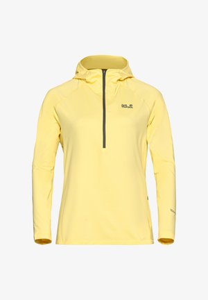 Geel sweatshirt met lange mouwen en een halve rits aan de voorkant, gemaakt van zacht materiaal, met een contrasterende grijze rits en branding op de borst.