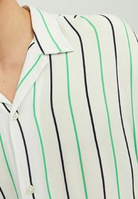 Biała koszula w pionowe zielone i czarne paski, z kołnierzykiem i białymi guzikami, noszona przez osobę pokazaną od szyi do ramienia.