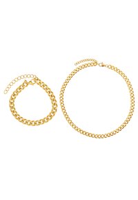 Ensemble de bijoux en ton or comprenant un bracelet et un collier à chaîne épaisse. Les deux ont une finition lisse avec un fermoir mousqueton et une longueur ajustable.