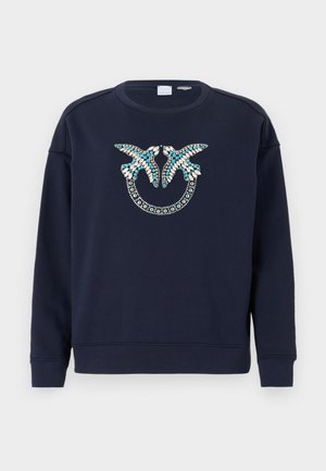 Felpa blu navy con scollo rotondo, caratterizzata da una grafica decorativa di due uccelli realizzati con vari gemme e perline blu e bianche.