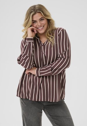 Maroon and cream striped blouse with long sleeves, button front, and a V-neck. Made from a soft fabric with a relaxed fit.