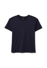 T-shirt in cotone blu navy con maniche corte, scollatura rotonda e vestibilità comoda. Texture liscia, senza motivi o decorazioni visibili.