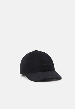 Schwarze Cord-Baseballkappe mit gebogenem Schirm und kleinem, auf der linken Vorderseite gesticktem Logo.