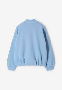 Sweat-shirt bleu clair à manches longues avec poignets et ourlet côtelés, et un petit col montant, présenté de dos sur un fond blanc.