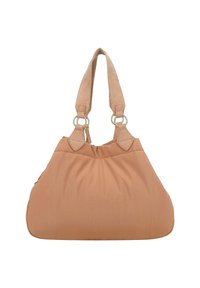 Borsa hobo di colore pesco realizzata in tessuto morbido, con due manici in suède e dettagli in metallo argentato, e una parte superiore arricciata per dare forma.