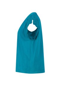Débardeur en coton turquoise sans manches avec une bordure en dentelle festonnée autour de l'emmanchure, doté d'un col rond et d'une coupe droite.