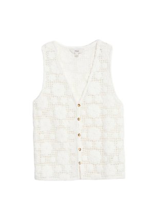 White sleeveless vest featuring a textured floral pattern, v-neck design, and front button closure with gold-tone buttons.