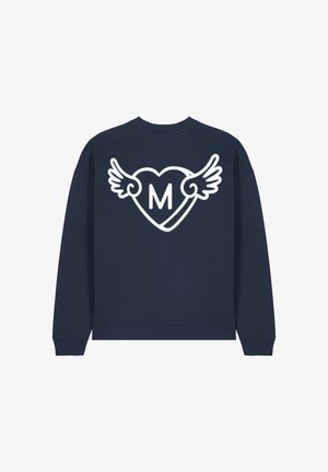 Marineblauwe sweatshirt met een witte grafische afbeelding van een hart met vleugels en een "M" in het midden. Ribgebreide manchetten en onderkant.