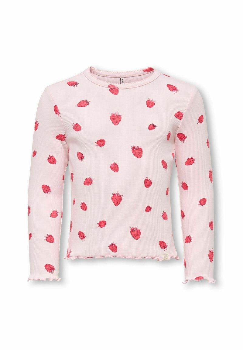 Μπλούζα με μακριά μανίκια σε ροζ ριμπ ύφασμα, με διάσπαρτες εκτυπώσεις κόκκινων φραουλών και τελείωμα με κρόσσια στις άκρες των μανικιών.