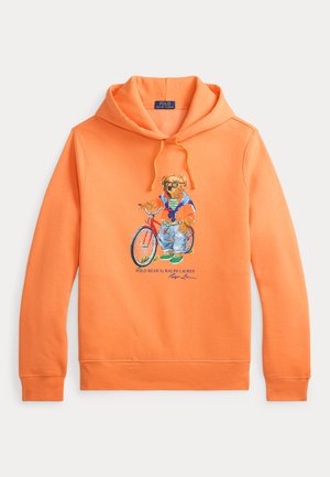 Sweat à capuche orange en mélange de coton, avec un motif d'ours à vélo. Capuche à cordon et poignets côtelés complètent le design.