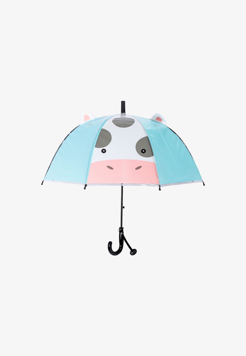 Children's umbrella with light blue canopy featuring a cartoon cow face with ears and a black curved handle.