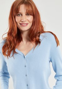 Lichtblauwe cardigan van ribgebreid materiaal met een V-hals en zes bijpassende knopen aan de voorkant. Lange mouwen maken het ontwerp compleet.