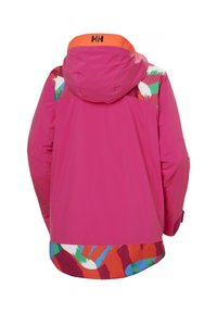 Kleurrijke roze jas met capuchon, voorzien van abstracte meerkleurige patronen op de schouders en zoom, gemaakt van een glad, waterdicht materiaal.