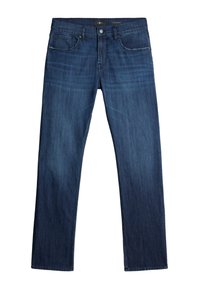 Jeans dritti blu in denim, dotati di cinque tasche, chiusura con zip e leggera sbiaditura lungo le cosce.