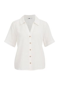 Vit linne skjorta med korta ärmar och krage, med knappstängning framtill och lätt texturerat tyg. Knapporna är runda och blanka.