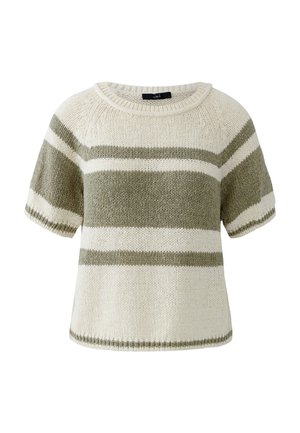 Kurzärmeliger Strickpullover mit breiten horizontalen olivgrünen und weißen Streifen und rundem Halsausschnitt.