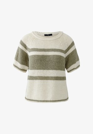 Kurzärmeliger Strickpullover mit breiten horizontalen olivgrünen und weißen Streifen und rundem Halsausschnitt.