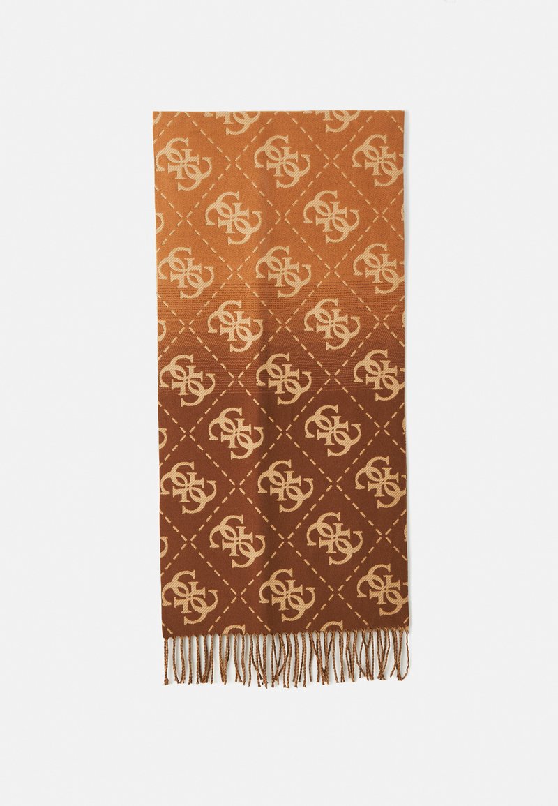 Écharpe marron à motif avec un design en losange et des accents crème, aux bords frangés, fabriquée dans un tissu doux.