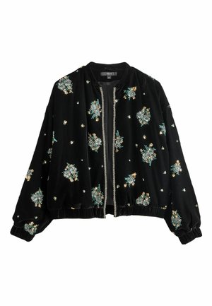 Schwarze Samt-Bomberjacke mit floralem Schmuck in Grün und Gold, gerippten Bündchen und Saum, Reißverschluss vorne und runder Kragen.