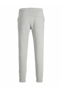 Pantalon de survêtement gris clair vu de dos avec taille élastique, une poche plaquée à l'arrière, poches latérales et poignets élastiques aux chevilles.