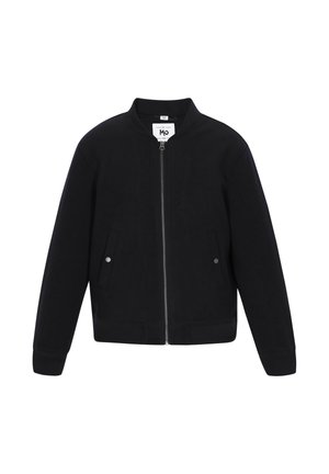 Črna bombarderska jakna, z zadrgo spredaj, rebrast ovratnik in manšete, dve sprednji žepi z gumbom na klik, mehak material z gladko teksturo.