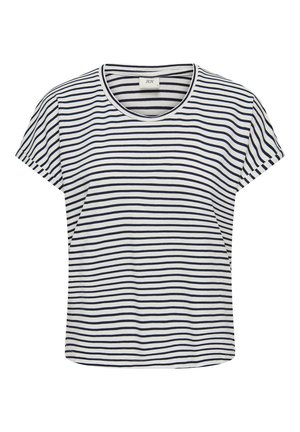 Triibuline T-särk valge ja tumesinise värviga, valmistatud pehmest kangast. Omab ümmargust kaelust ja lühikesi varrukaid, millel on mugav lõige.