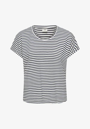 Prugasta majica s kratkimi rokavi v beli in mornarsko modri barvi, narejena iz mehke tkanine. Ima okroglo izrezan vrat in sproščen kroj.