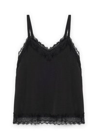Camisola nera in tessuto morbido, con pizzo lungo il collo e l'orlo, dotata di spalline regolabili.