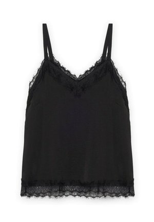 Camisola nera in tessuto morbido, con pizzo lungo il collo e l'orlo, dotata di spalline regolabili.