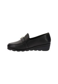 Zwarte leren loafers met een ronde neus, voornaaddetails en een kleine decoratieve gesp op de bovenkant. Lage wigvorm rubberen zool.