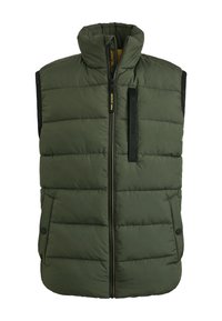 Quilted green vest with a high collar, front zipper, and side pockets. Features black accents and textured fabric.