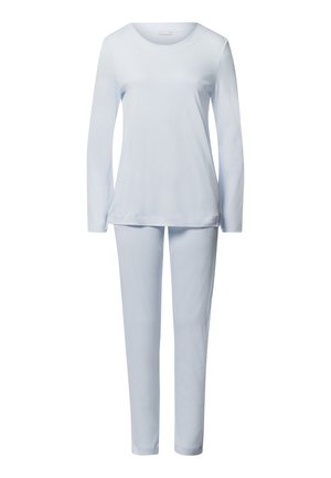 Completo da abbigliamento da casa di colore azzurro chiaro composto da una maglietta a maniche lunghe con scollo rotondo e pantaloni coordinati, entrambi realizzati in tessuto morbido e liscio.