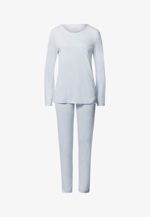Lichtblauw loungewear set met een lange mouw top met ronde hals en bijpassende broek, beide gemaakt van zachte, gladde stof.