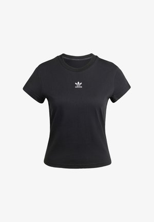 T-shirt en coton noir avec un col rond et des manches courtes. Présente un logo Adidas blanc sur la poitrine. Texture lisse, design ajusté.