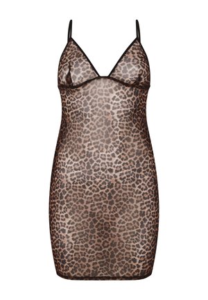 Áttetsző, barna és fekete leopárdmintás csúszkás ruha, vékony, fekete állítható spagettipántokkal és V-nyakkivágással.