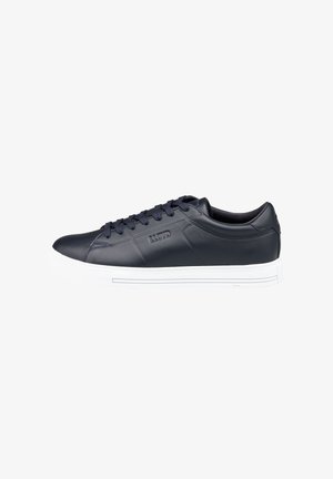 Marineblaue Ledersneaker mit glatter Oberfläche, weißer Gummisohle, flachen Schnürsenkeln und dezentem Branding an der Seite. Klassisches Low-Top-Design.