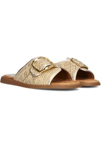 Geweven beige slide sandalen met een textiel bovenkant, gouden gespaccenten en bruine rubberen zolen. Open teen ontwerp zonder achterkant.