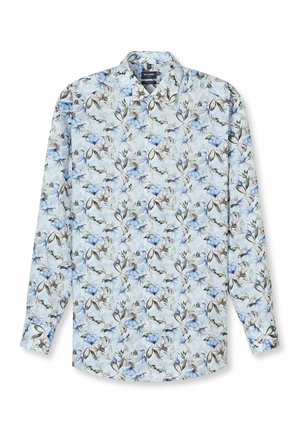 Langärmeliges Hemd zum Knöpfen mit hellblauem Hintergrund und Blumenmuster in Blau, Braun und Schwarz.