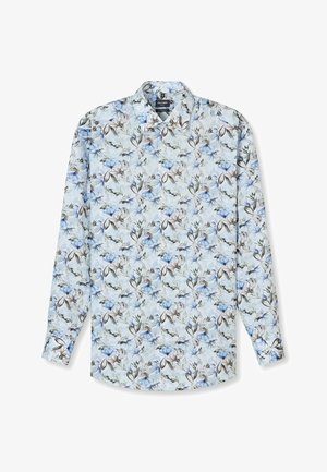 Langärmeliges Hemd zum Knöpfen mit hellblauem Hintergrund und Blumenmuster in Blau, Braun und Schwarz.