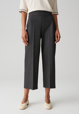 Pantaloni grigi a pieghe realizzati in tessuto testurizzato, con vita alta e lunghezza cropped, abbinati a scarpe slip-on di colore chiaro.