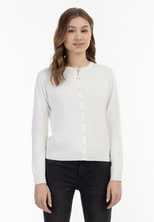 Light cream, long-sleeve cardigan made of soft fabric, featuring a round neckline and button front, with ribbed hem and cuffs.