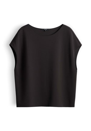 Blouse noire à manches courtes avec larges emmanchures et encolure ronde, présentée à plat sur fond blanc.