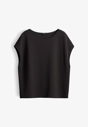 Black short-sleeve blouse with wide armholes and a round neckline, displayed flat against a white background.